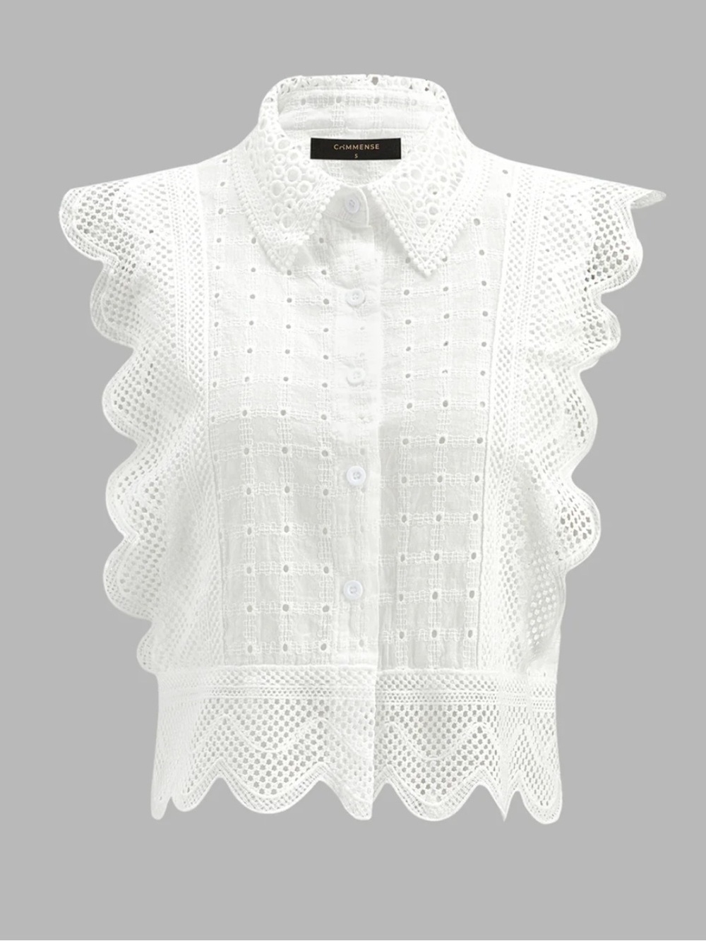 C/MEO Collective White Eyelet Scallop-Edge Sleeveless Button Top